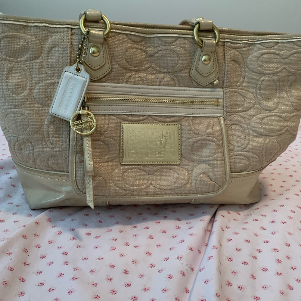 Coach Tan Signature Tote with Gold Accents